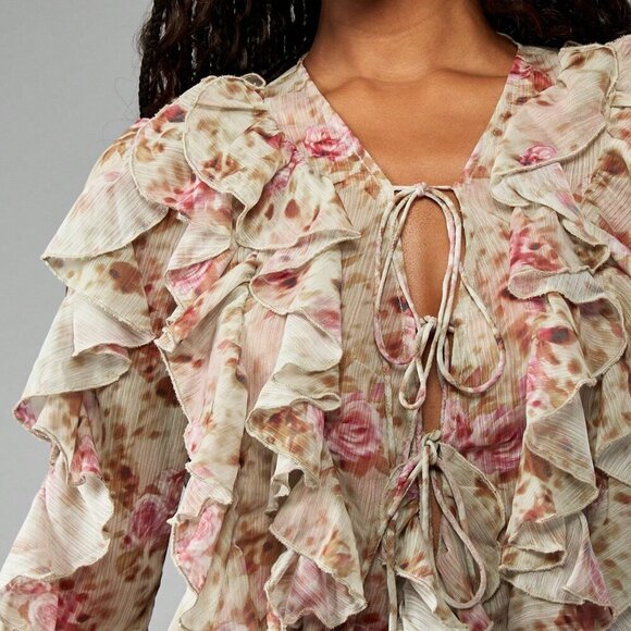 Multicolor Boho Women's Floral Ruffled Chiffon Long Sleeve Tie Front blouse - Picture 4 of 6